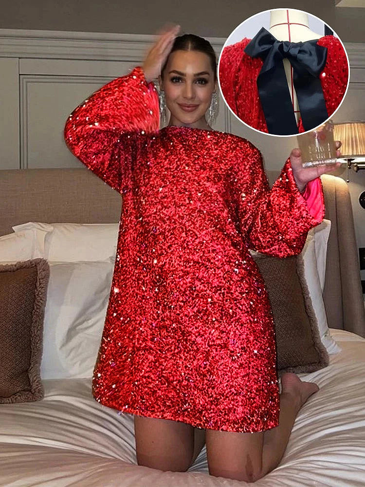 Anastasia - Glittrande Paljettklänning med Öppen Rygg och Rosett
